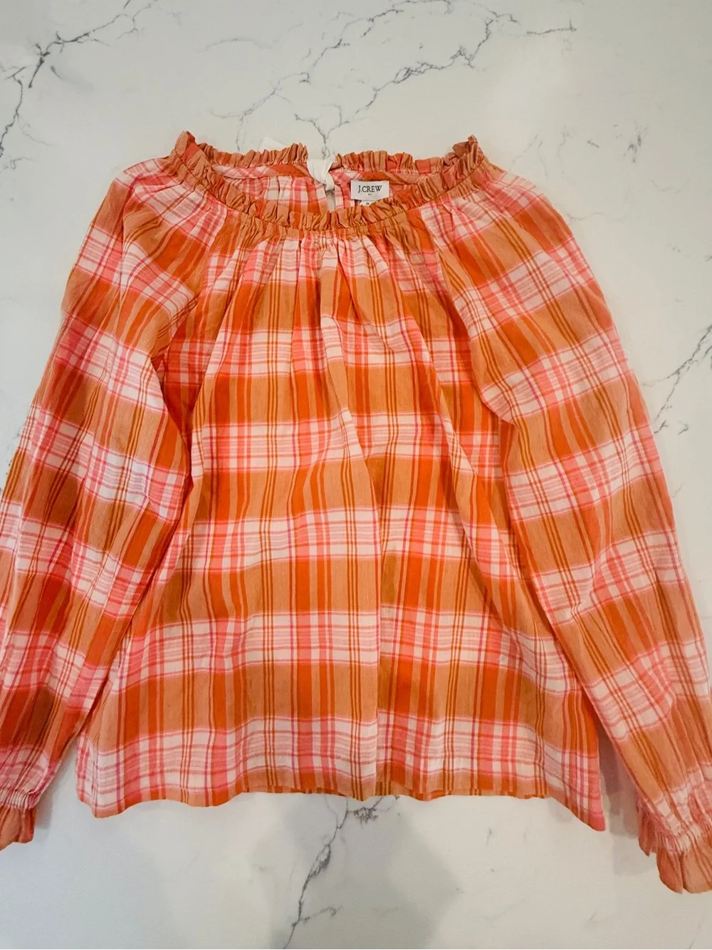 J. Crew Orange and White Plaid Blouse with ribbon tie-back size S